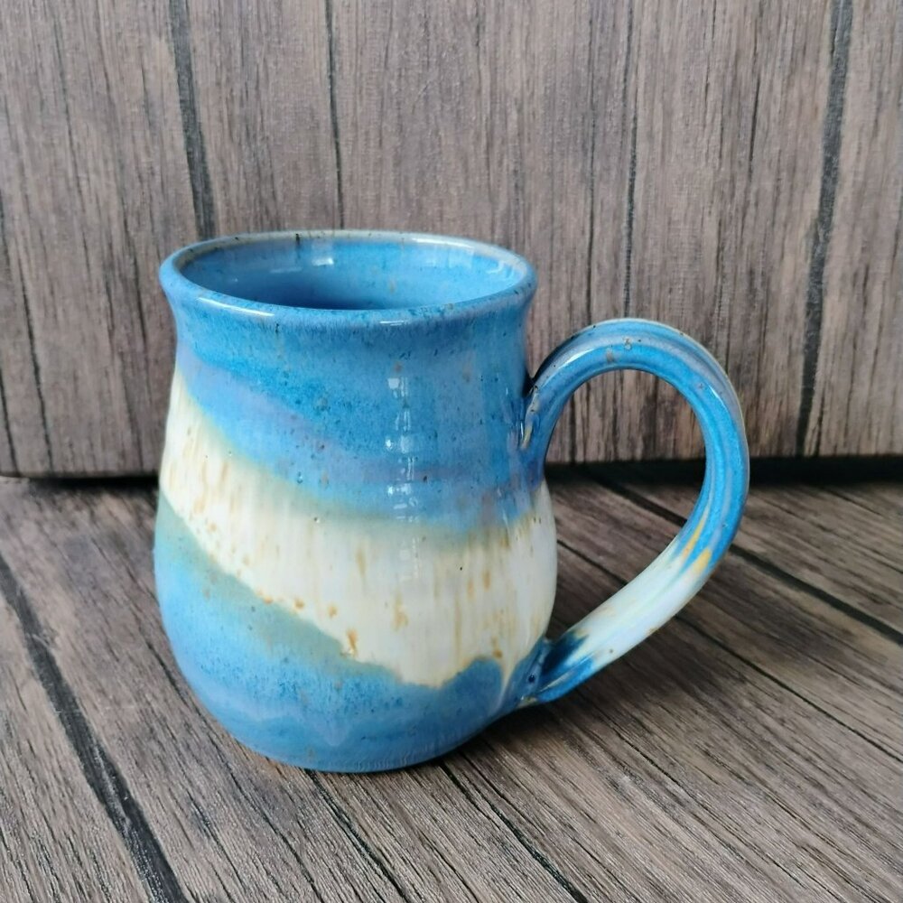 Handcrafted Pottery Mug by Swell Ceramics, Blue Cream Drip Glaze, Signed 2023